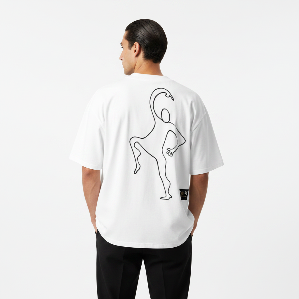Paradiso No.109 Limited Edition Oversized T-Shirt in WHITE – MODEL BACK View – NFT-Backed One-Liner Artwork by Solo Paradiso – Only 333 Ever Produced – Polygon Blockchain