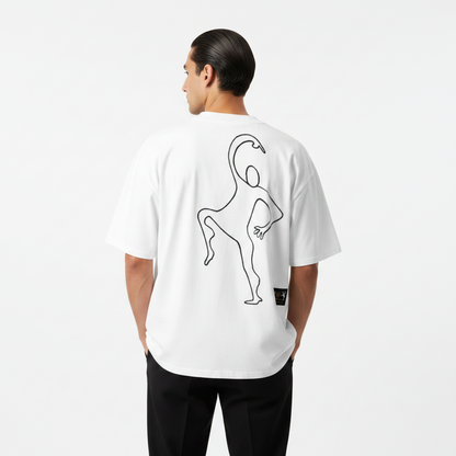Paradiso No.109 Limited Edition Oversized T-Shirt in WHITE – MODEL BACK View – NFT-Backed One-Liner Artwork by Solo Paradiso – Only 333 Ever Produced – Polygon Blockchain