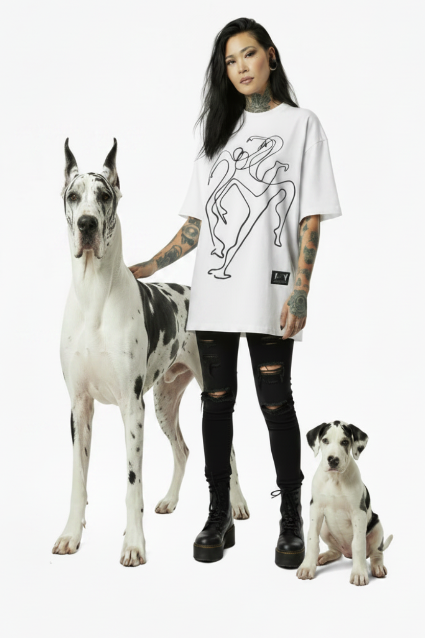 Paradiso No.11 Limited Edition Oversized T-Shirt in white – asia model girl two dog with front View – NFT-Backed One-Liner Artwork by Solo Paradiso – Only 115 Ever Produced – Polygon Blockchain 