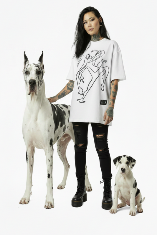 Paradiso No.11 Limited Edition Oversized T-Shirt in white – asia model girl two dog with front View – NFT-Backed One-Liner Artwork by Solo Paradiso – Only 115 Ever Produced – Polygon Blockchain 