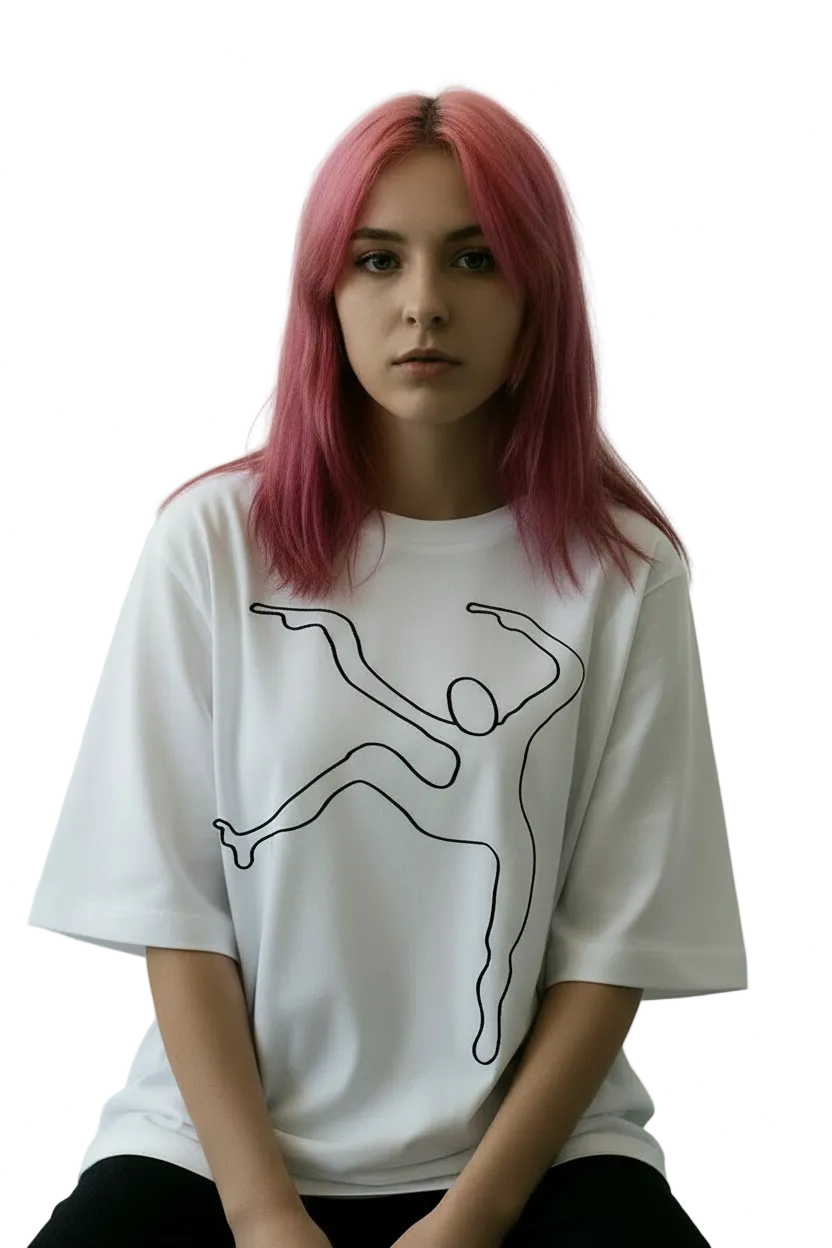 Paradiso No.99 Limited Edition Oversized T-Shirt in white – redhead girl Front View – NFT-Backed One-Liner Artwork by Solo Paradiso – Only 333 Ever Produced – Polygon Blockchain