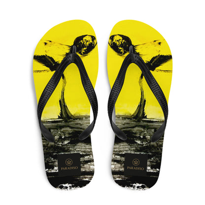slippers, flip flops yellow and black, unique, rare and stylish art expression black lives matter art print, unisex, design by Paradiso OG