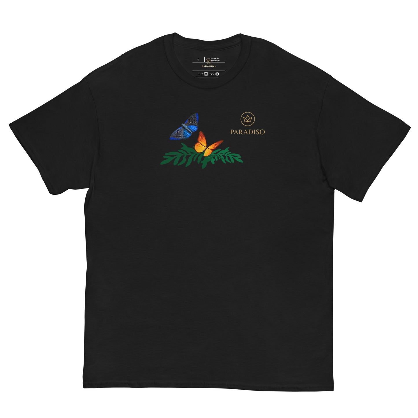 classic t-shirt unisex 100% cotton black with golden logo and colorful butterflies on front, design by Paradiso streetwear label.