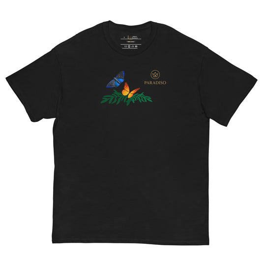 classic t-shirt unisex 100% cotton black with golden logo and colorful butterflies on front, design by Paradiso streetwear label.