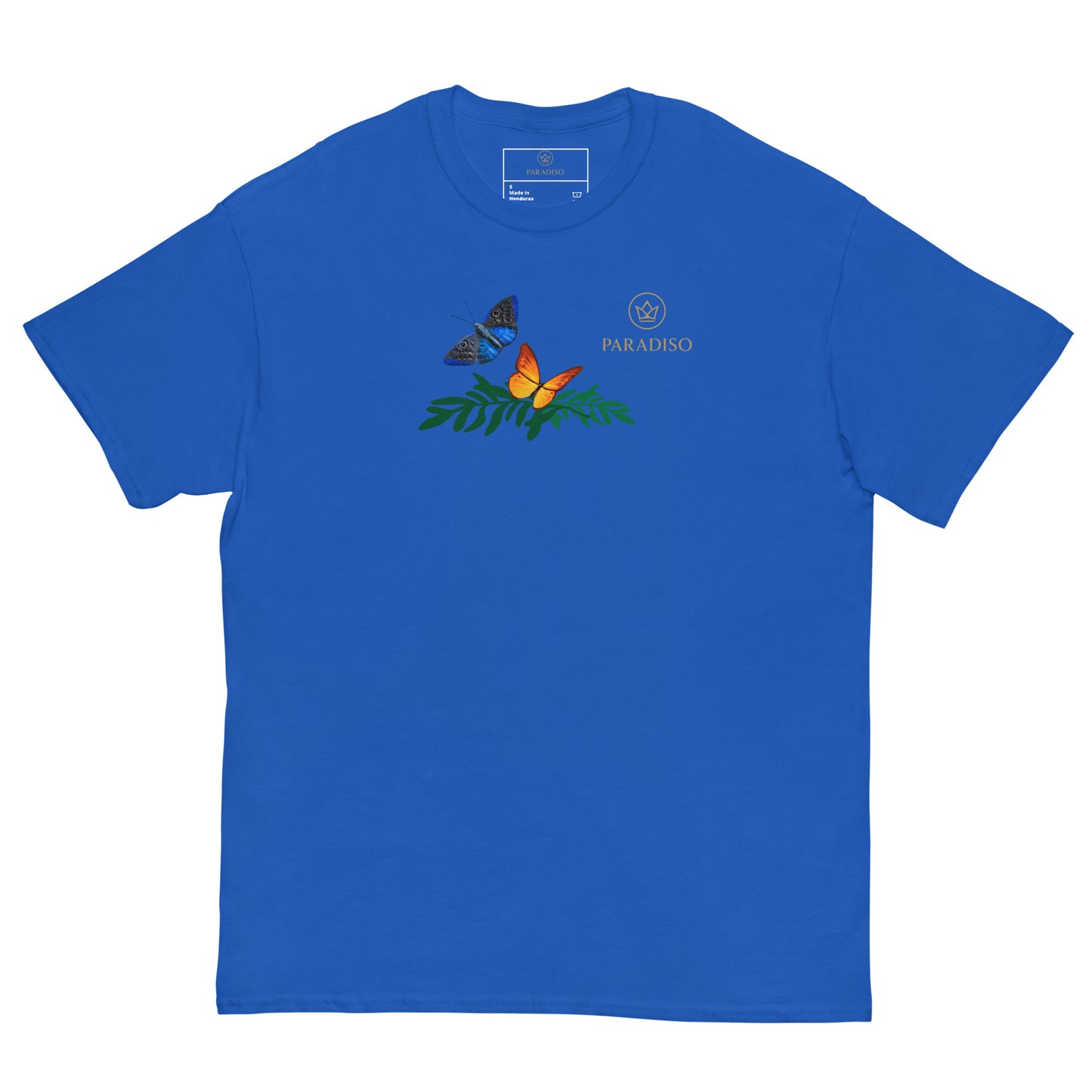 classic t-shirt unisex 100% cotton blue with golden logo and colorful butterflies on front, design by Paradiso streetwear label.