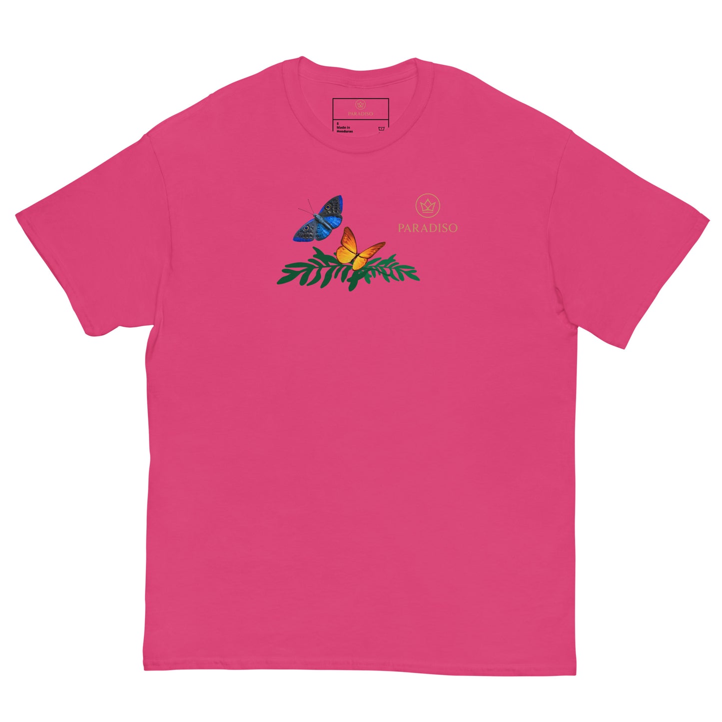 classic t-shirt unisex 100% cotton pink with golden logo and colorful butterflies on front, design by Paradiso streetwear label.