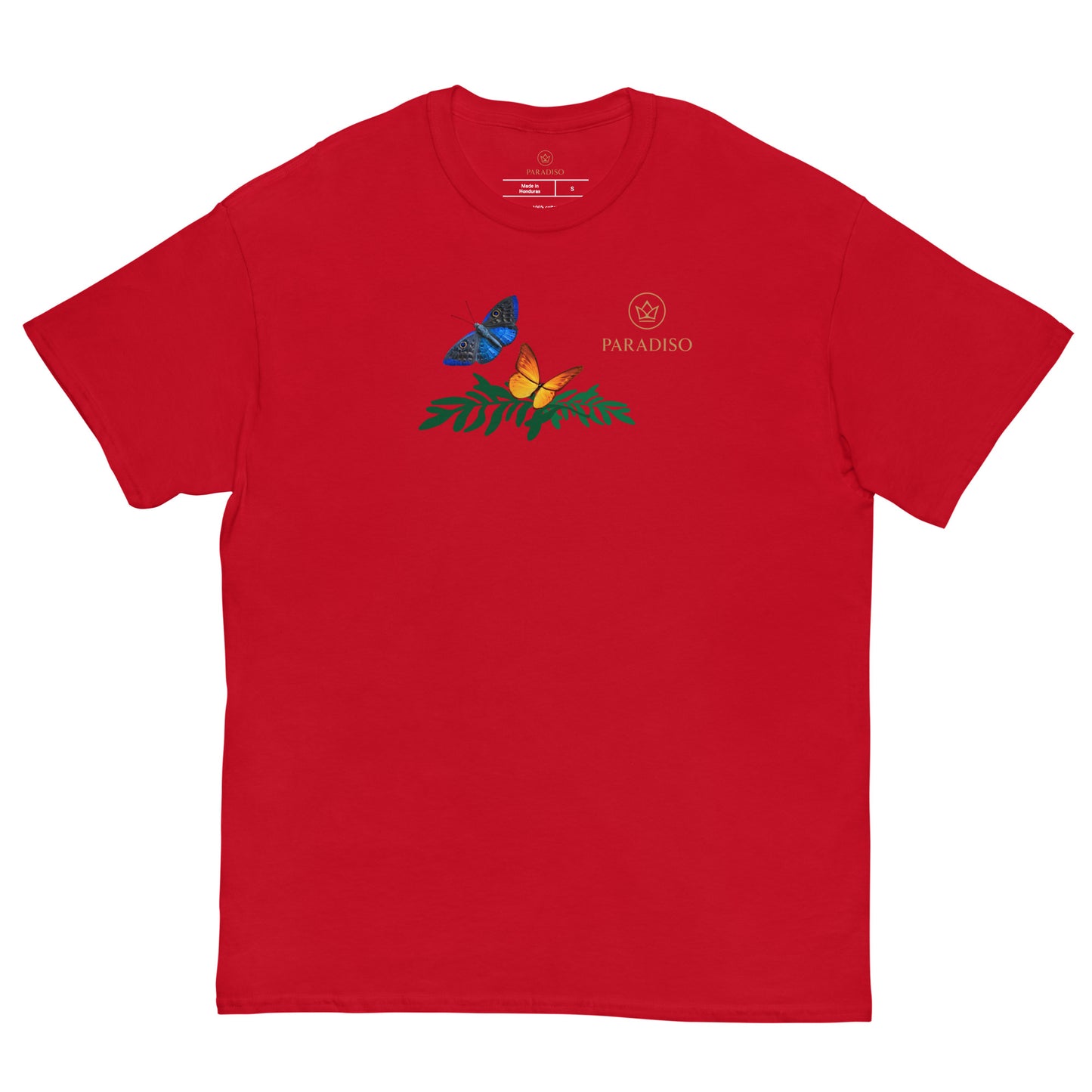 classic t-shirt unisex 100% cotton red with golden logo and colorful butterflies on front, design by Paradiso streetwear label.