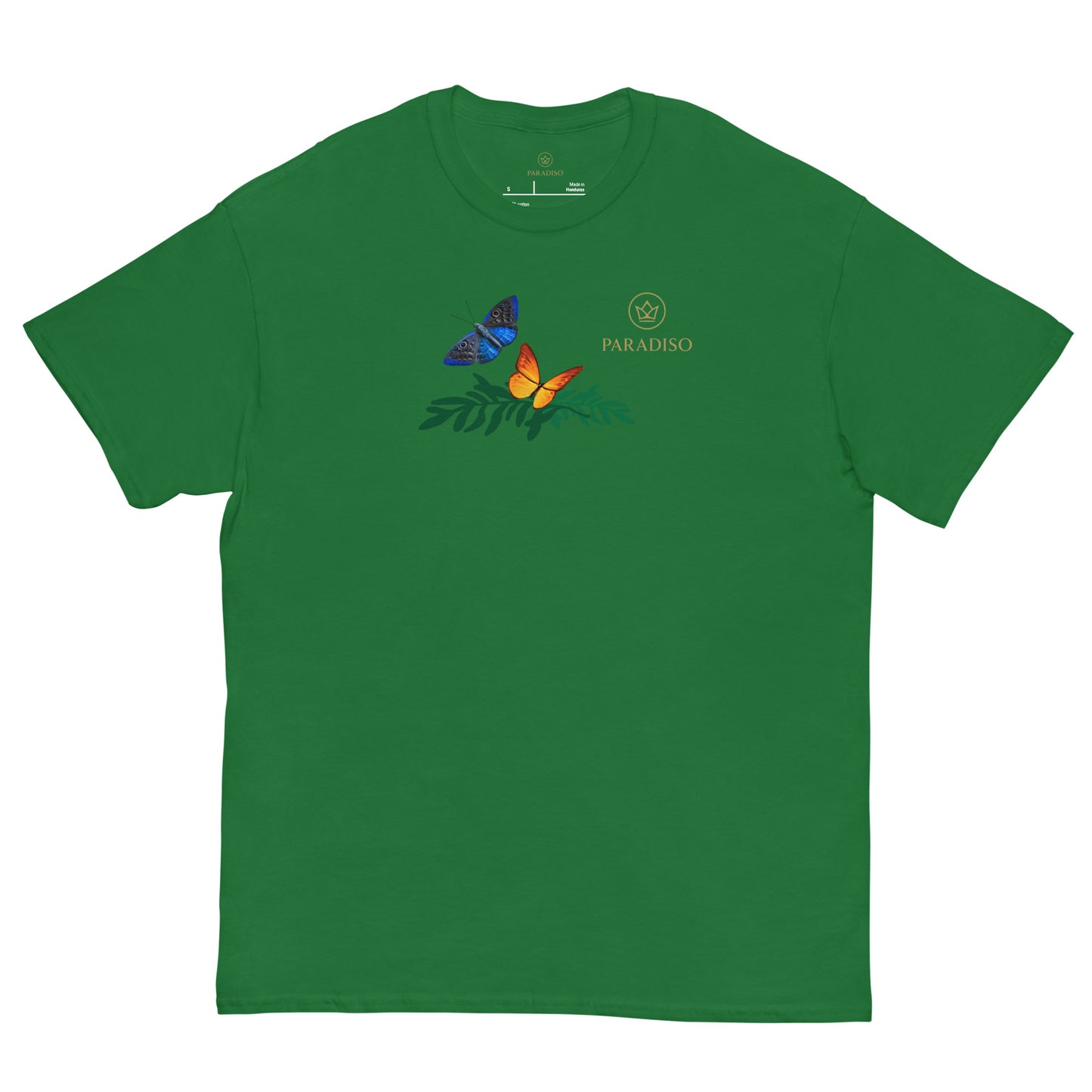 classic t-shirt unisex 100% cotton turf green with golden logo and colorful butterflies on front, design by Paradiso streetwear label.