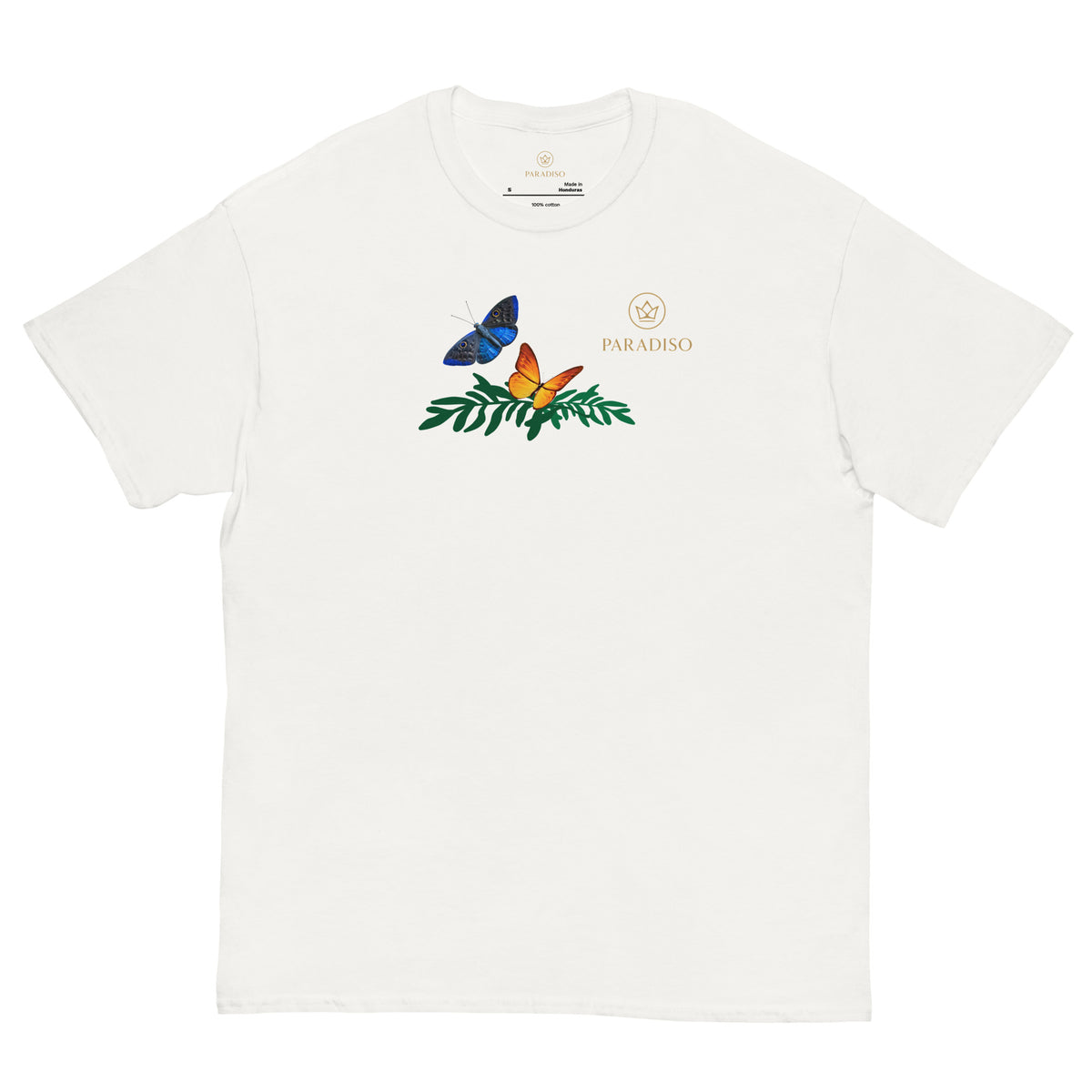 classic t-shirt unisex 100% cotton with golden logo and colorful butterflies on front, design by Paradiso streetwear label.