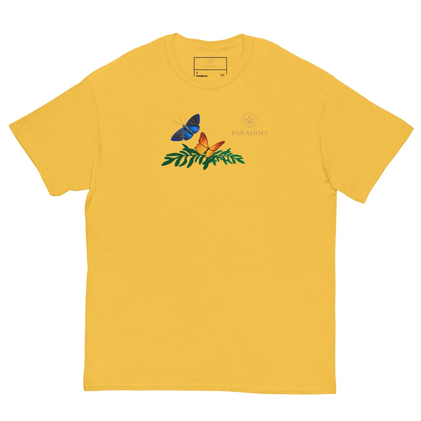 classic t-shirt unisex 100% cotton yellow with golden logo and colorful butterflies on front, design by Paradiso streetwear label.