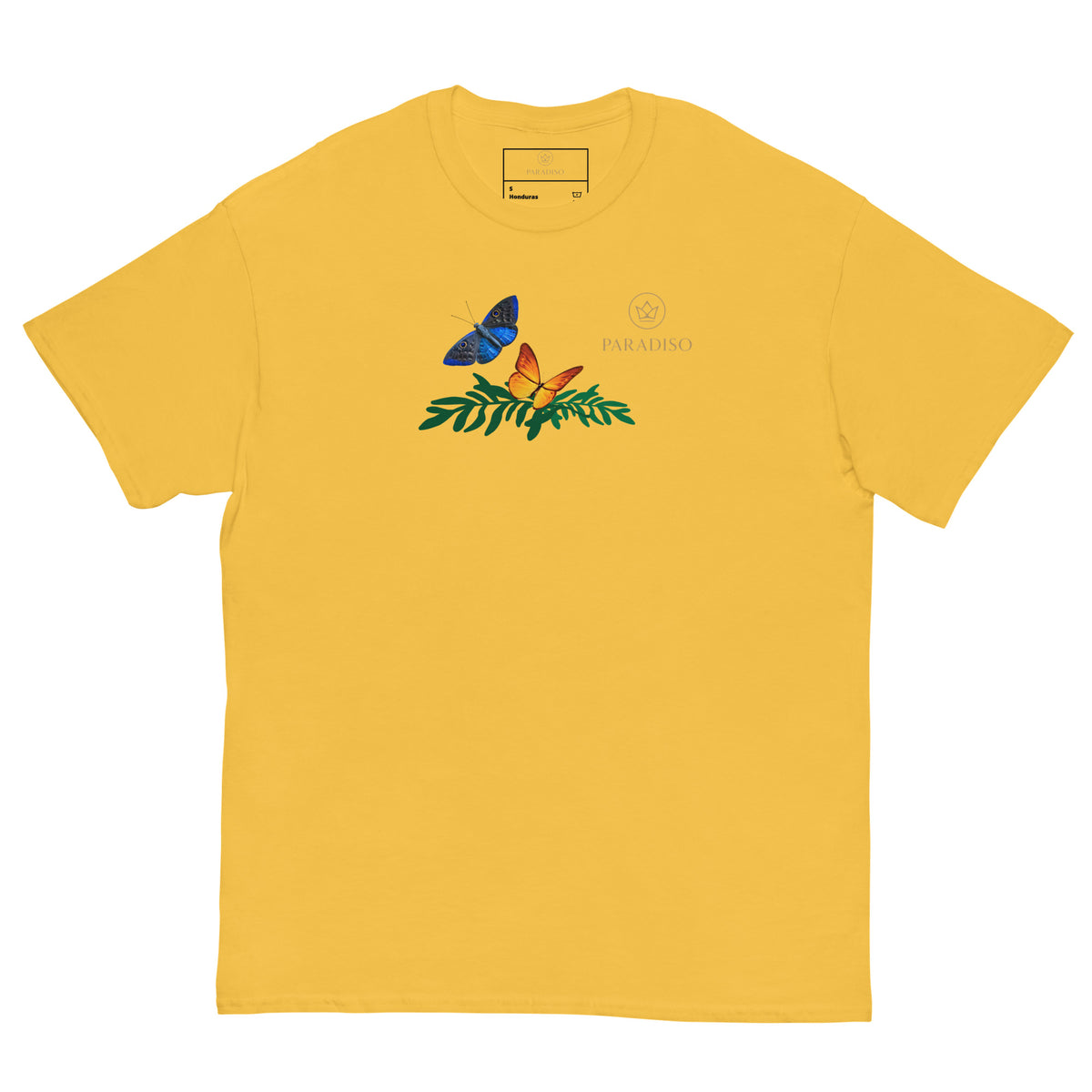 classic t-shirt unisex 100% cotton yellow with golden logo and colorful butterflies on front, design by Paradiso streetwear label.