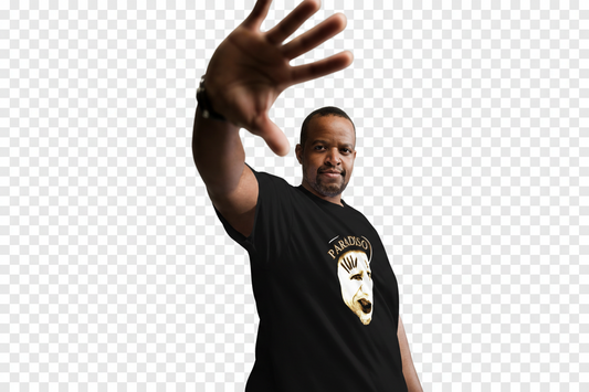 unisex classic t-shirt black front paradiso pantomime logo b/w.