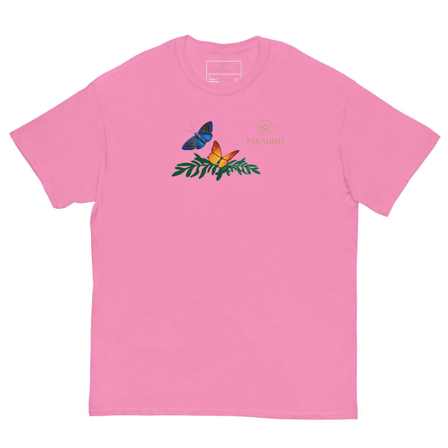 classic t-shirt unisex 100% cotton pink with golden logo and colorful butterflies on front, design by Paradiso streetwear label