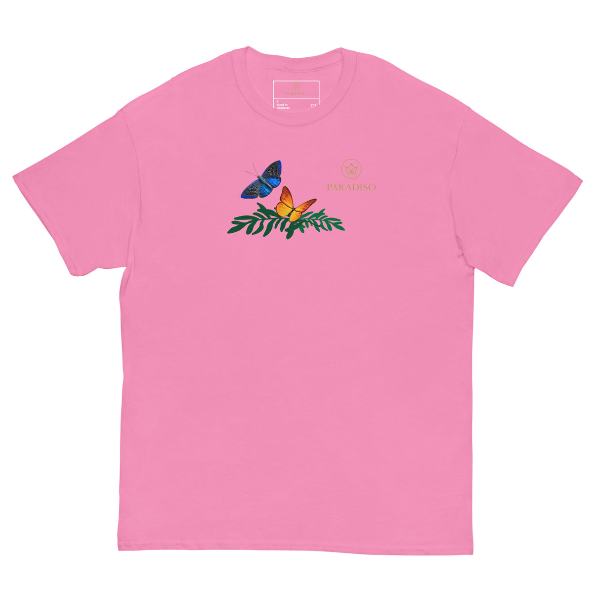 classic t-shirt unisex 100% cotton pink with golden logo and colorful butterflies on front, design by Paradiso streetwear label