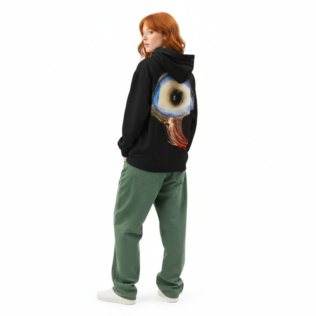 Hoodie in special black with art expression licked eye on the backside, unisex cotton art-design by Paradiso OG