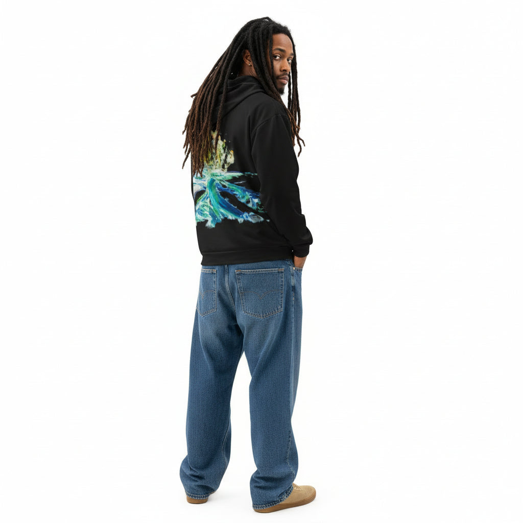 Hoodie black, exclusive, rare, fresh and stylish art expression on back, surfing blue, white, yellow and red art print design, unisex cotton, by Paradiso OG
