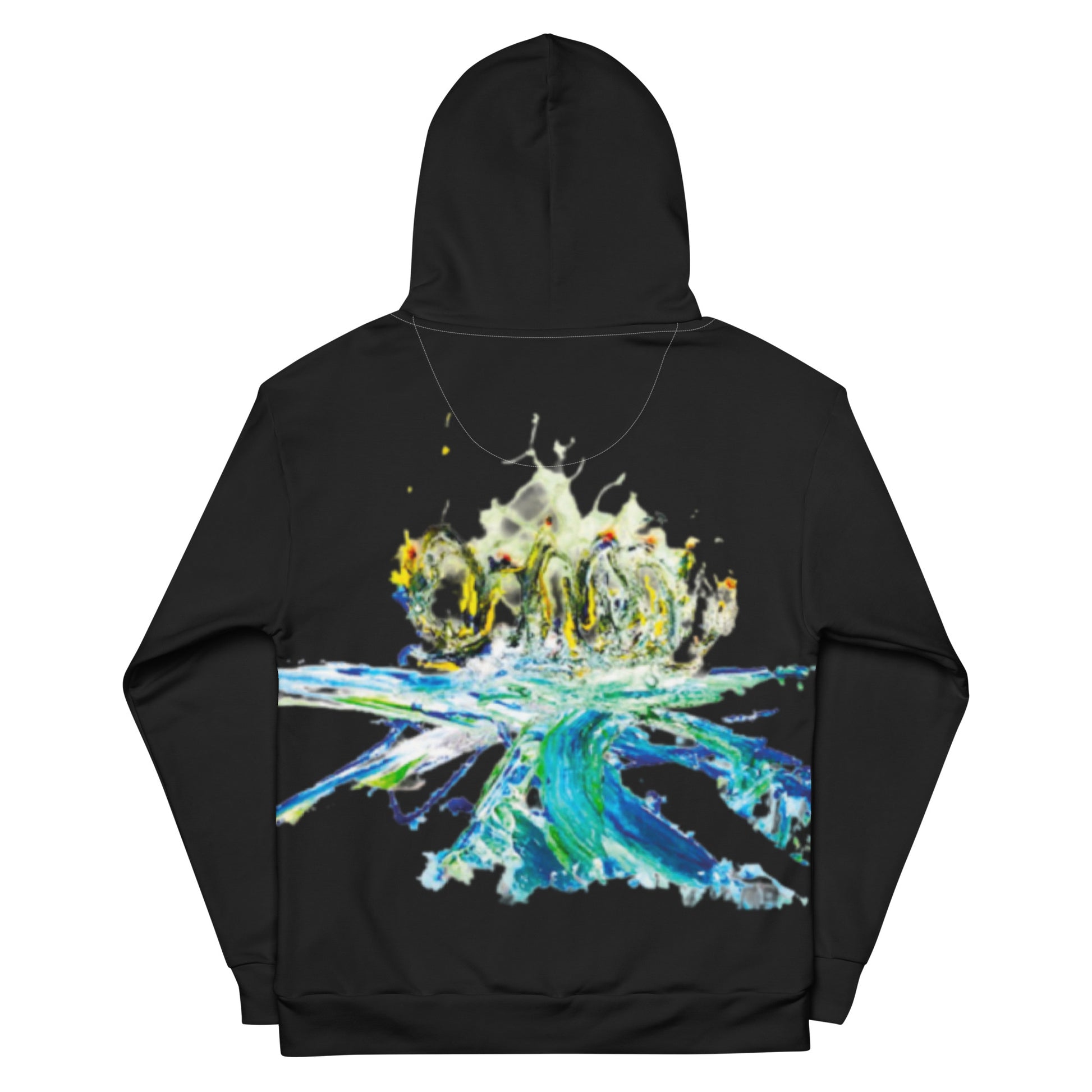 Hoodie black, exclusive, rare, fresh and stylish art expression on back, surfing blue, white, yellow and red art print, unisex cotton, design by Paradiso OG