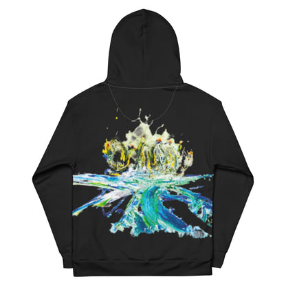 Hoodie black, exclusive, rare, fresh and stylish art expression on back, surfing blue, white, yellow and red art print, unisex cotton, design by Paradiso OG