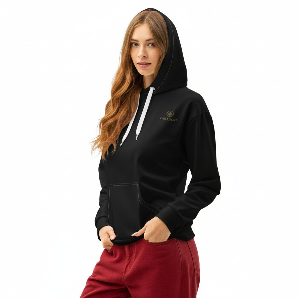 Hoodie in special black with gold logo at the chest, unisex cotton, design by Paradiso OG