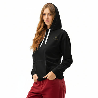 Hoodie in special black with gold logo at the chest, unisex cotton, design by Paradiso OG