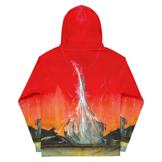 Hoodie in special red with unique art expression on point, unisex cotton art-design by Paradiso OG