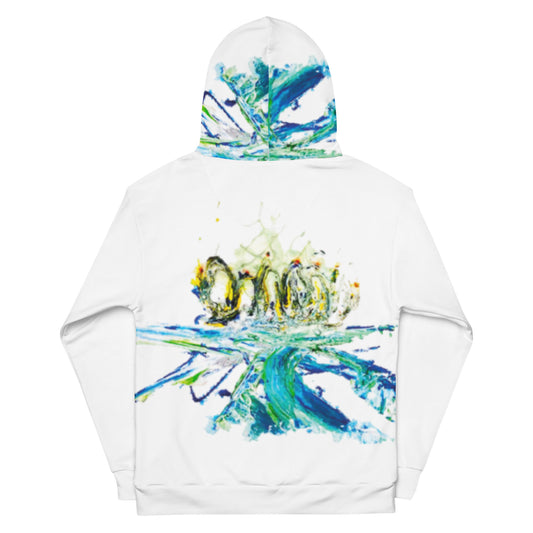 Hoodie white, exclusive, rare and stylish art expression on back, surfing blue, white, yellow and red art print, unisex cotton, design Paradiso OG