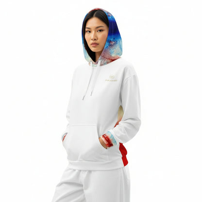 Hoodie white, exclusive, rare, fresh and unique art expression on hood, welcome in, blue, white and red print design, unisex cotton, by Paradiso OG