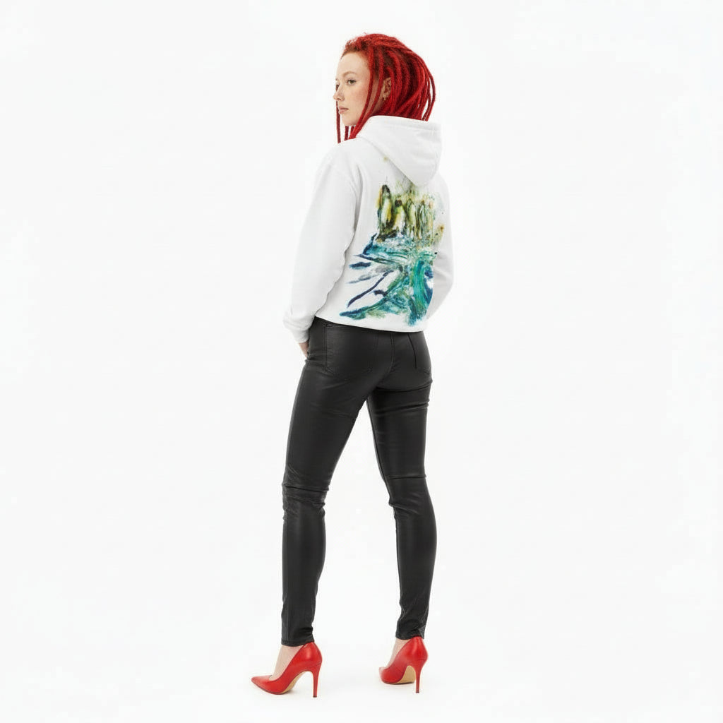 Hoodie white, exclusive, unique and rare art expression on back, surfing blue, white, yellow and red art print, unisex cotton, design by Paradiso OG