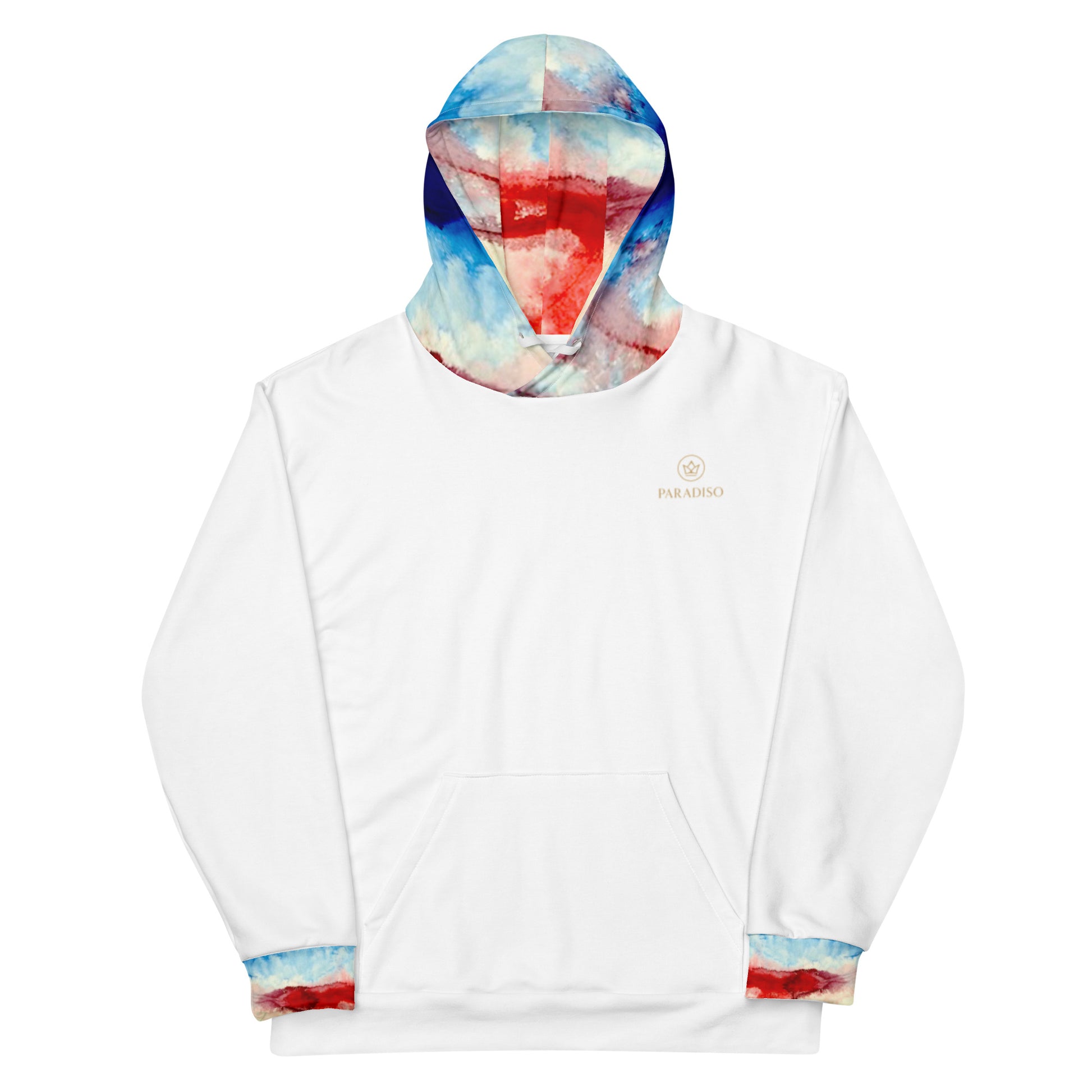 Hoodie white, exclusive, rare, fresh and stylish art expression on back and hood, welcome in, blue, white and red art print, unisex cotton, design by Paradiso OG