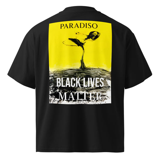 T-shirt black oversized organic cotton with artistic yellow and black logo print, lettering, black lives matter on back design by Paradiso OG
