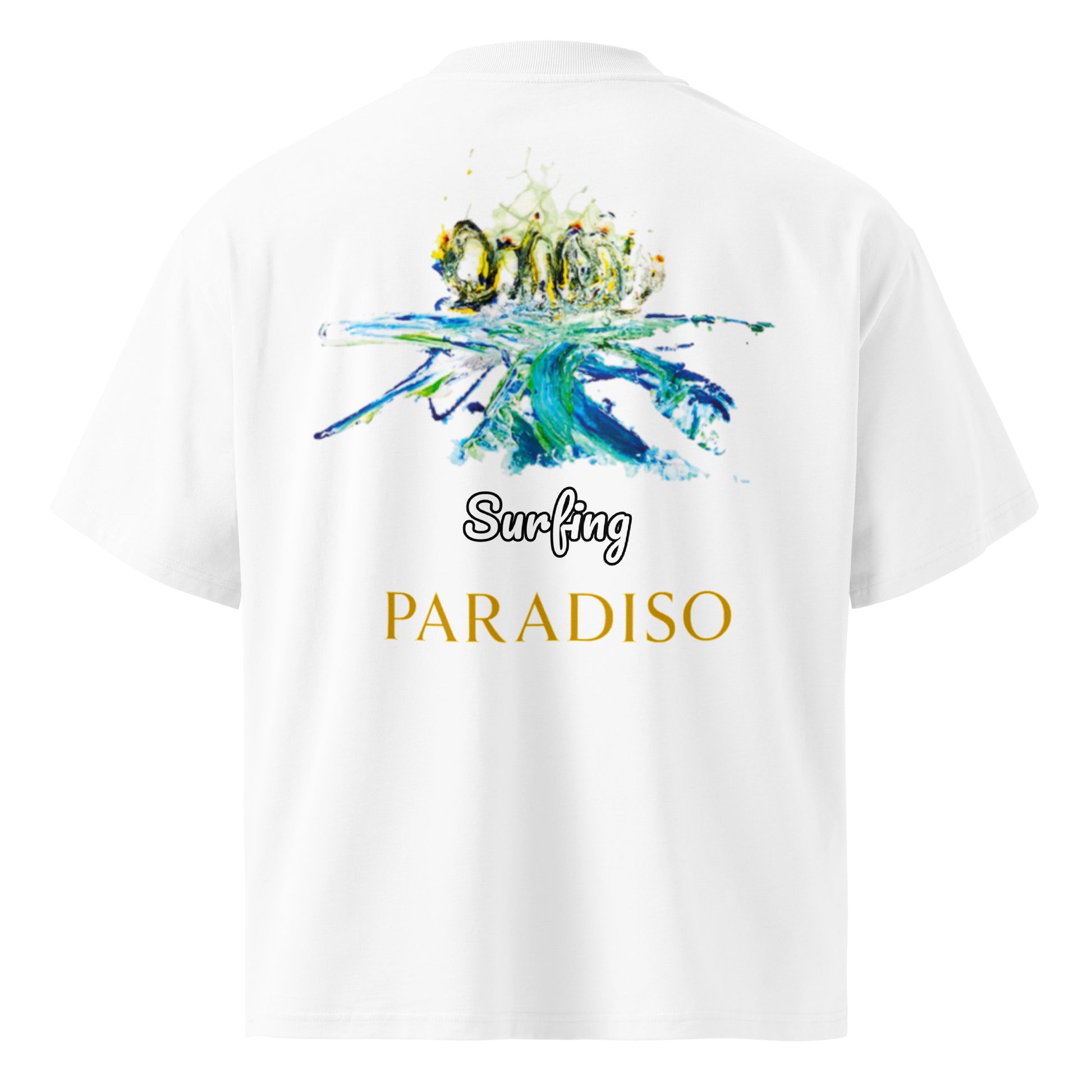 T-shirt white oversized organic cotton with artistic yellow and blue logo print, lettering, surfing back design by Paradiso OG