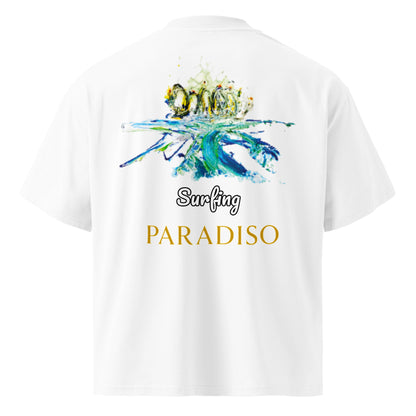 T-shirt white oversized organic cotton with artistic yellow and blue logo print, lettering, surfing back design by Paradiso OG