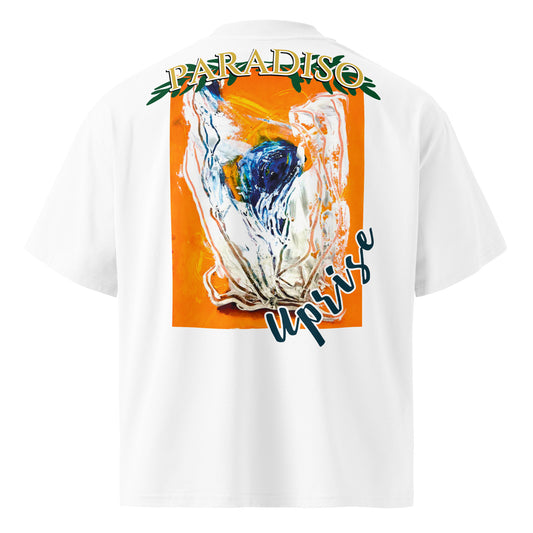 unisex t-shirt oversized white with organic-oversized, logo on back, orange, white and blue art design by paradiso og