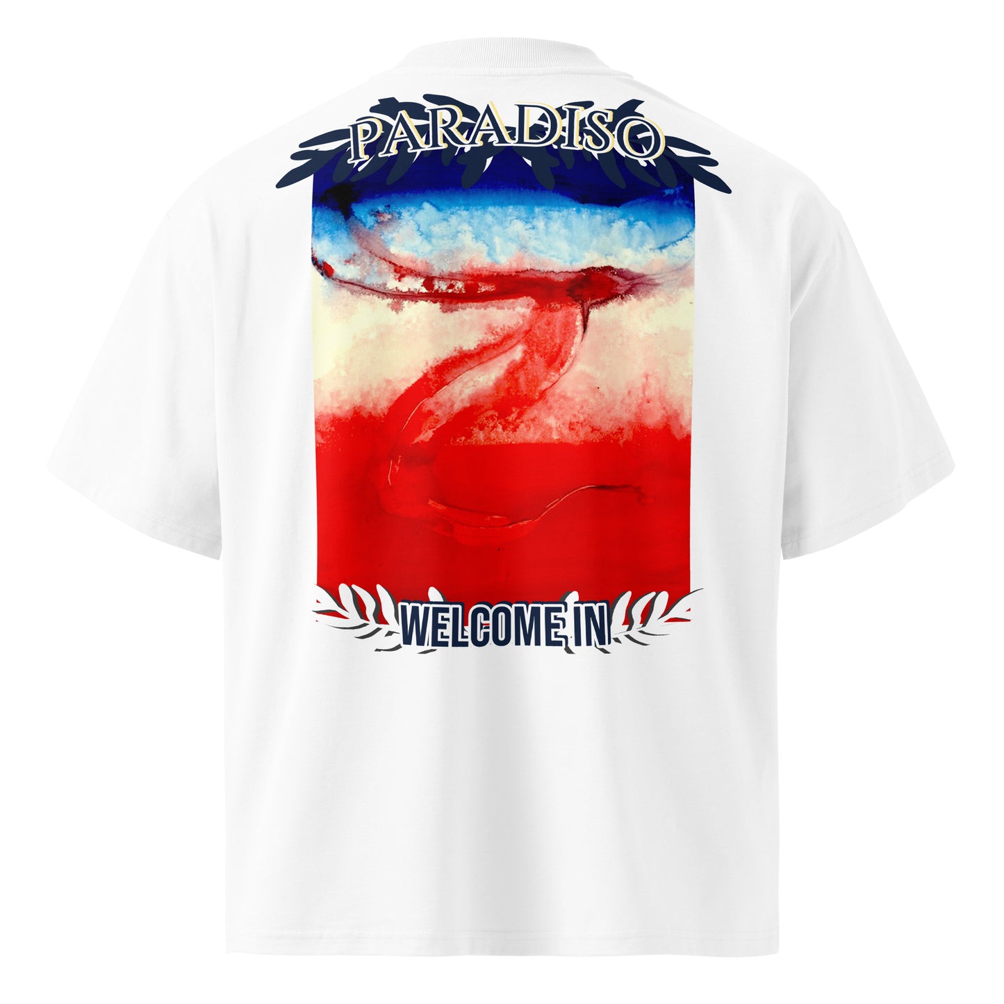 unisex t-shirt oversized white with organic-oversizedlogo on back, red, white and blue art design by paradiso og