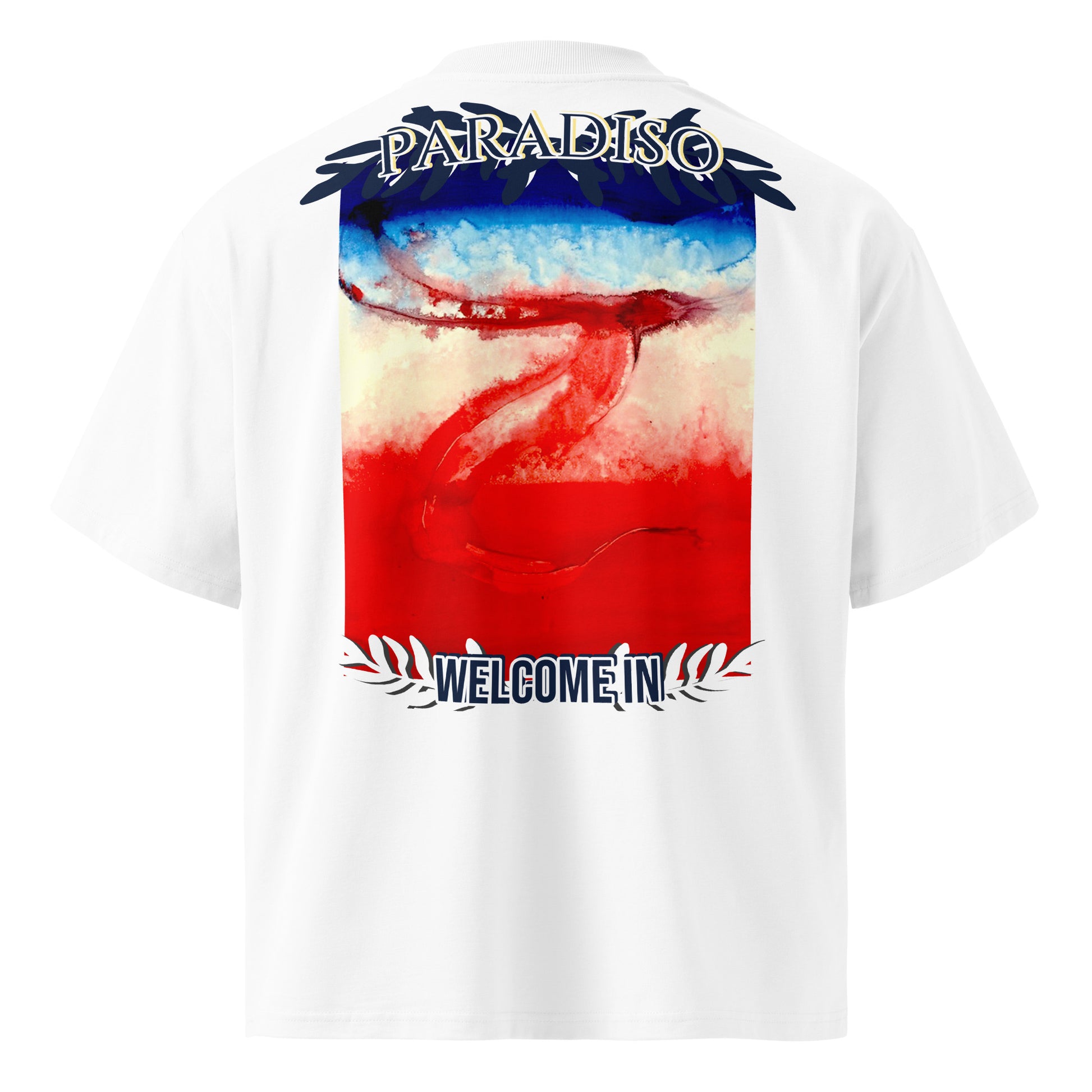 unisex t-shirt oversized white with organic-oversizedlogo on back, red, white and blue art design by paradiso og