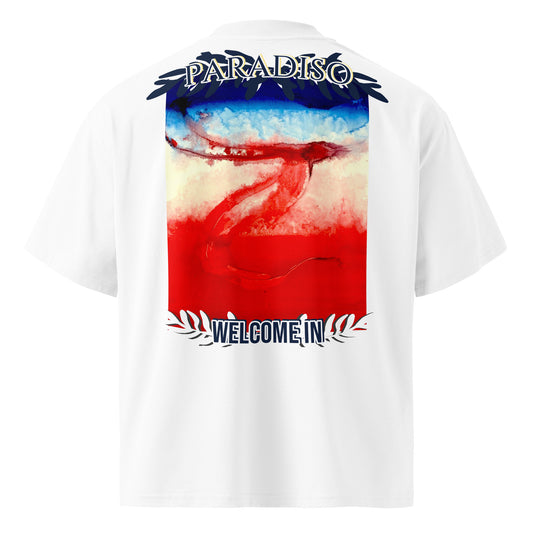 unisex t-shirt oversized white with organic-oversizedlogo on back, red, white and blue art design by paradiso og