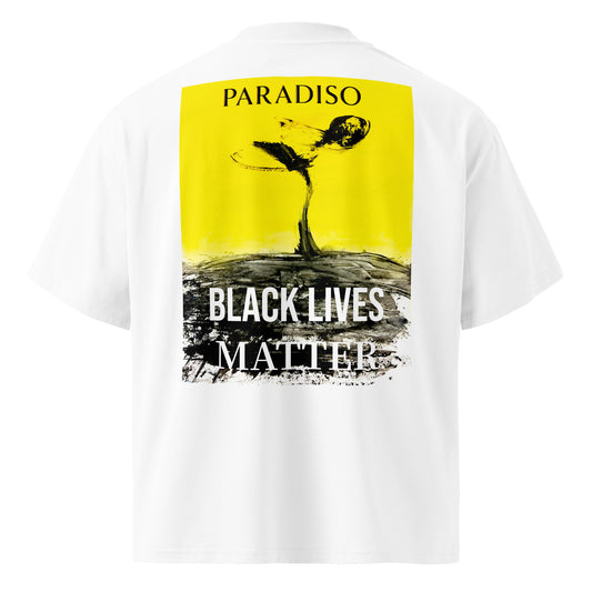 T-shirt white oversized organic cotton with artistic yellow and black logo print, lettering, black lives matter on back, design by Paradiso OG