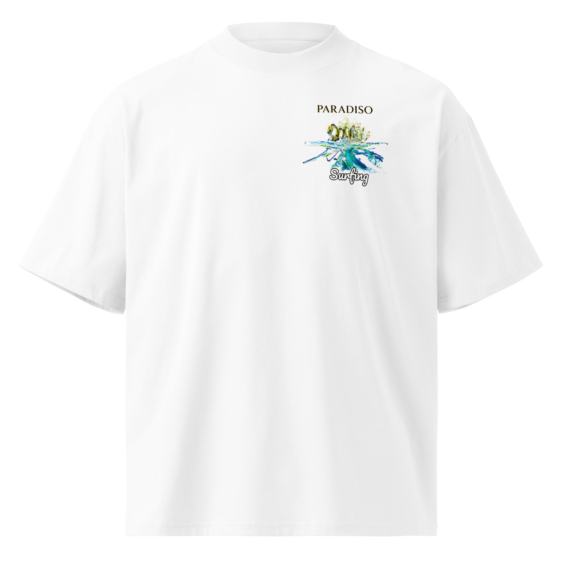 T-shirt white oversized organic cotton with artistic yellow and blue logo print, lettering, surfing front chest design by Paradiso OG