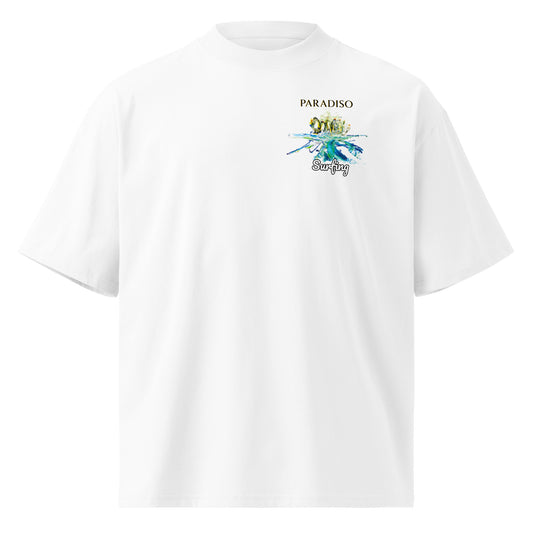 T-shirt white oversized organic cotton with artistic yellow and blue logo print, lettering, surfing front chest design by Paradiso OG