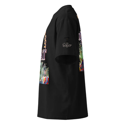 unisex s090 organic oversized-high-neck-t-shirt black left side logo print.