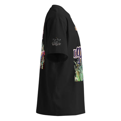 unisex s090 organic oversized-high-neck-t-shirt black right side logo print.