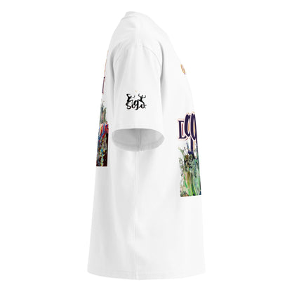 unisex s090 organic oversized-high-neck-t-shirt white right side logo print.