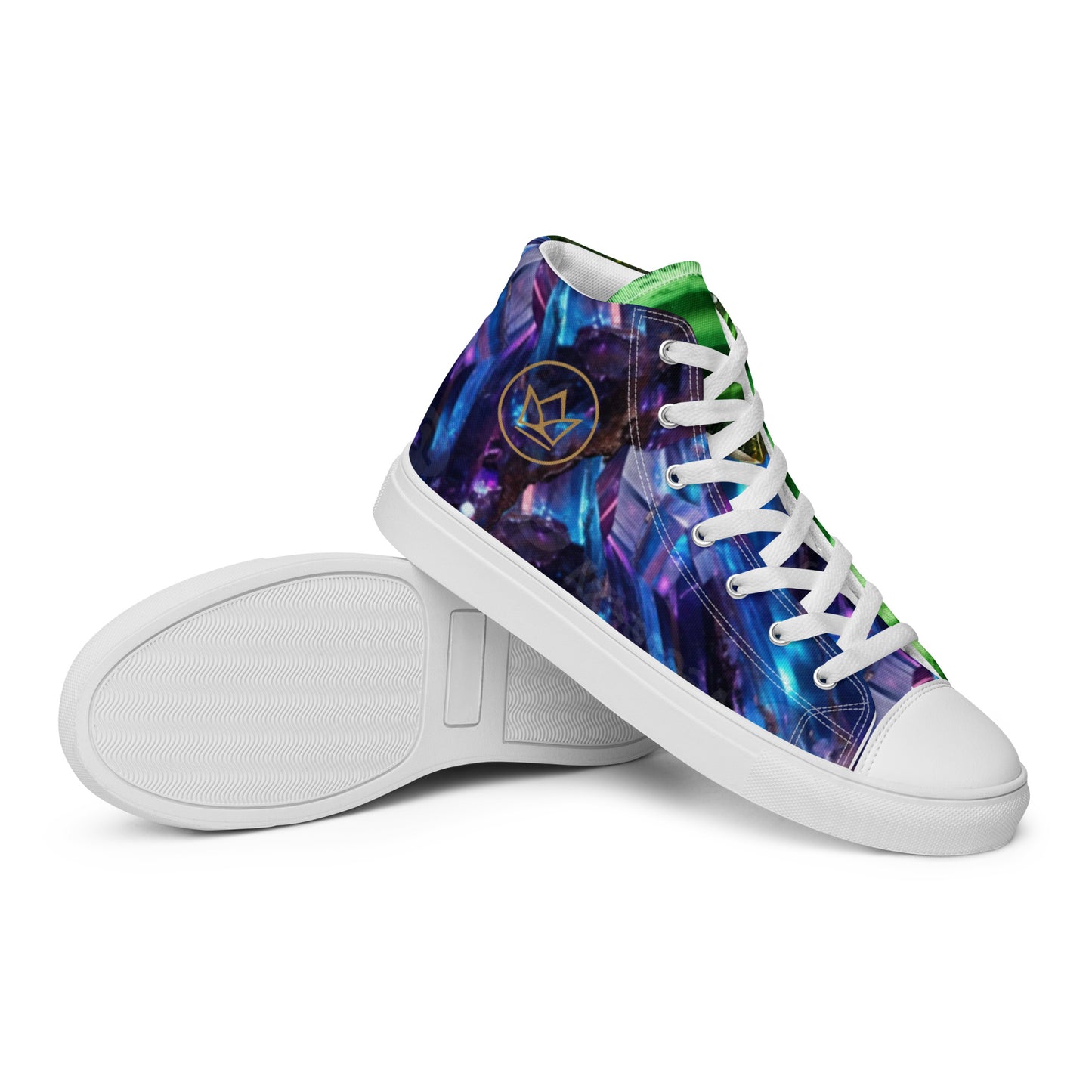 sneaker high top black for women, green crystal quartz and purple meteorite art print streetwear, design by paradiso og