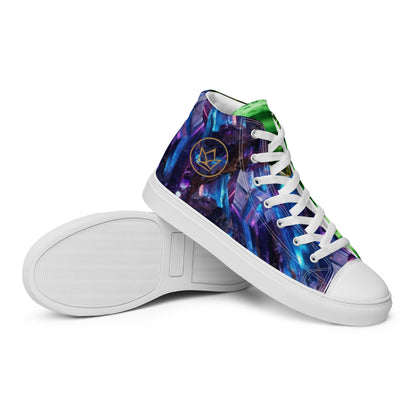 sneaker high top black for women, green crystal quartz and purple meteorite art print streetwear, design by paradiso og