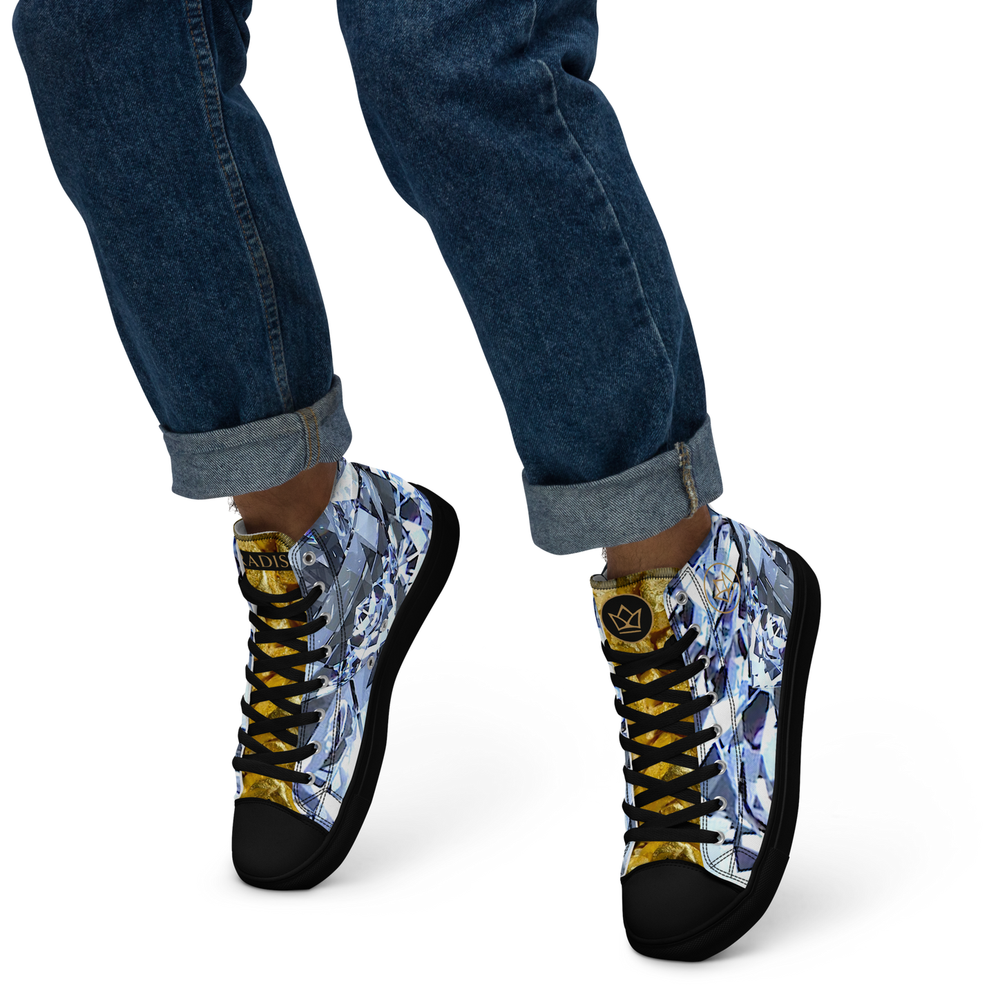 mens limited crystal diamond and gold high top canvas Sneakers with a exclusive, rare and luxury all over printed special diamond & gold color design made by absolut paradiso og, urban art streetwear fashion, phygitals an lifestyle brand. 
