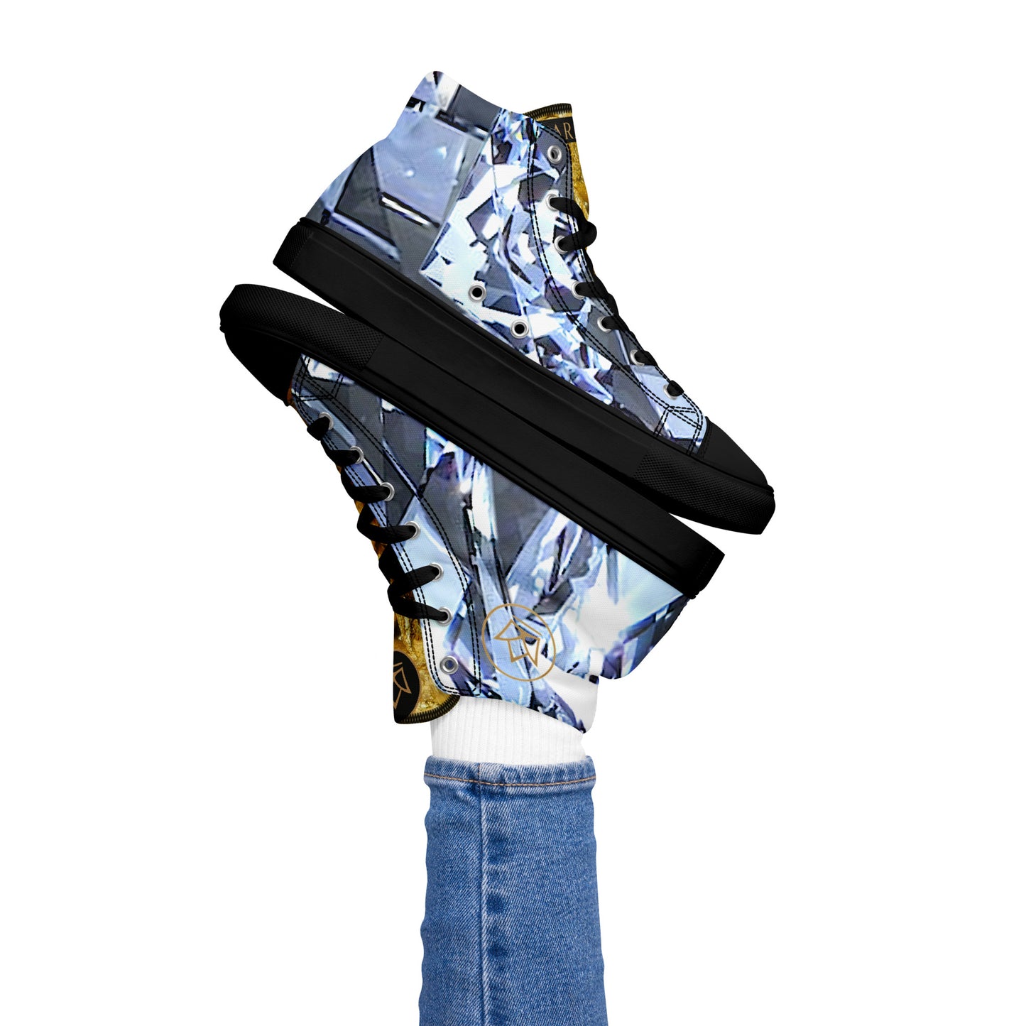 womens limited crystal diamond and gold high top canvas Sneakers with a exclusive, rare and luxury all over printed special diamond & gold color design made by absolut paradiso og, urban art streetwear fashion, phygitals an lifestyle brand. 