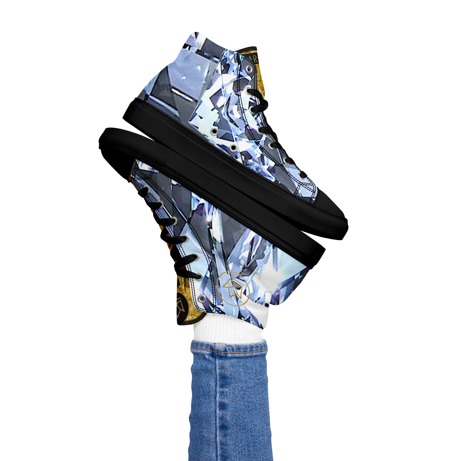 womens limited crystal diamond and gold high top canvas Sneakers with a exclusive, rare and luxury all over printed special diamond & gold color design made by absolut paradiso og, urban art streetwear fashion, phygitals an lifestyle brand. 
