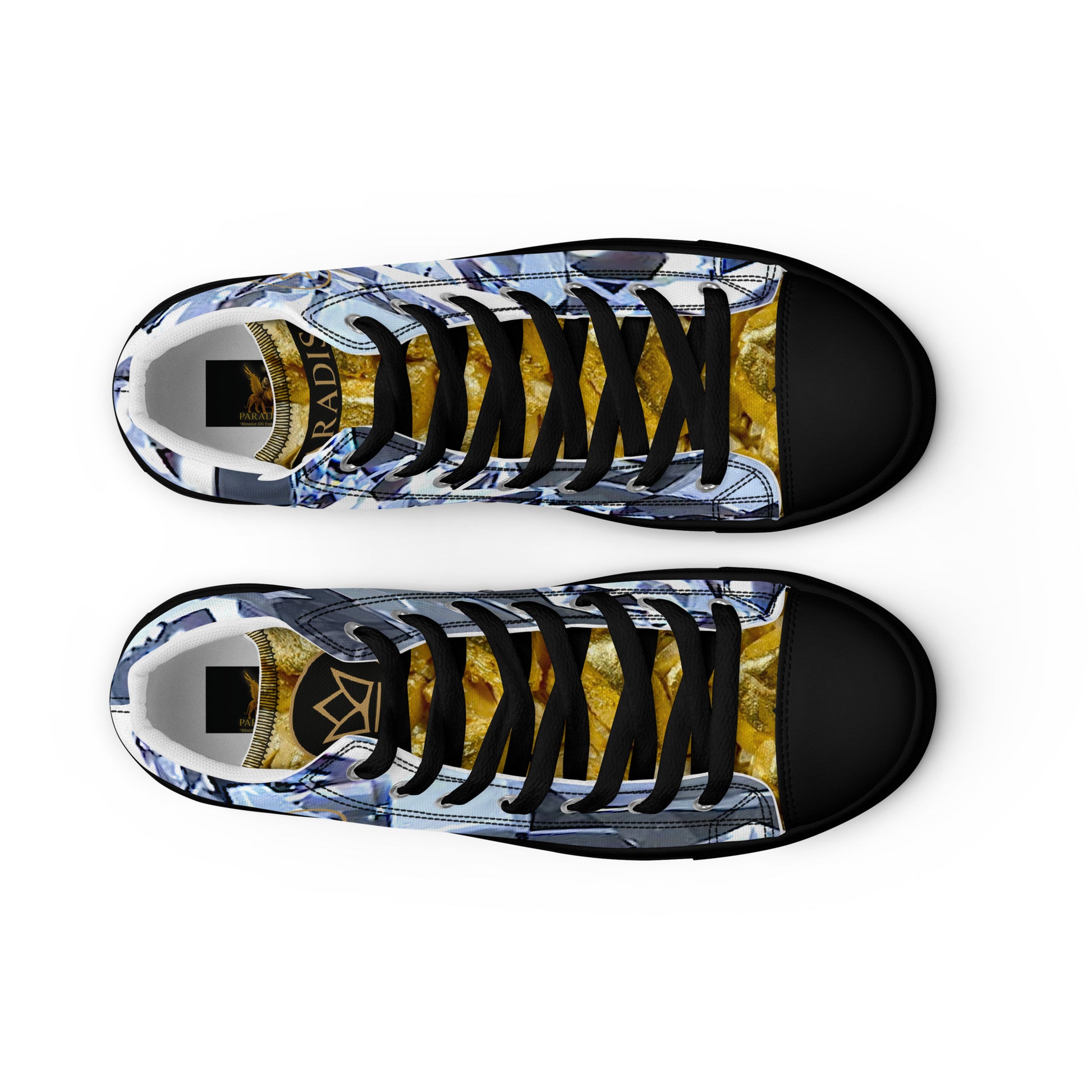 womens limited crystal diamond and gold high top canvas Sneakers with a exclusive, rare and luxury all over printed special diamond & gold color design made by absolut paradiso og, urban art streetwear fashion, phygitals an lifestyle brand. 