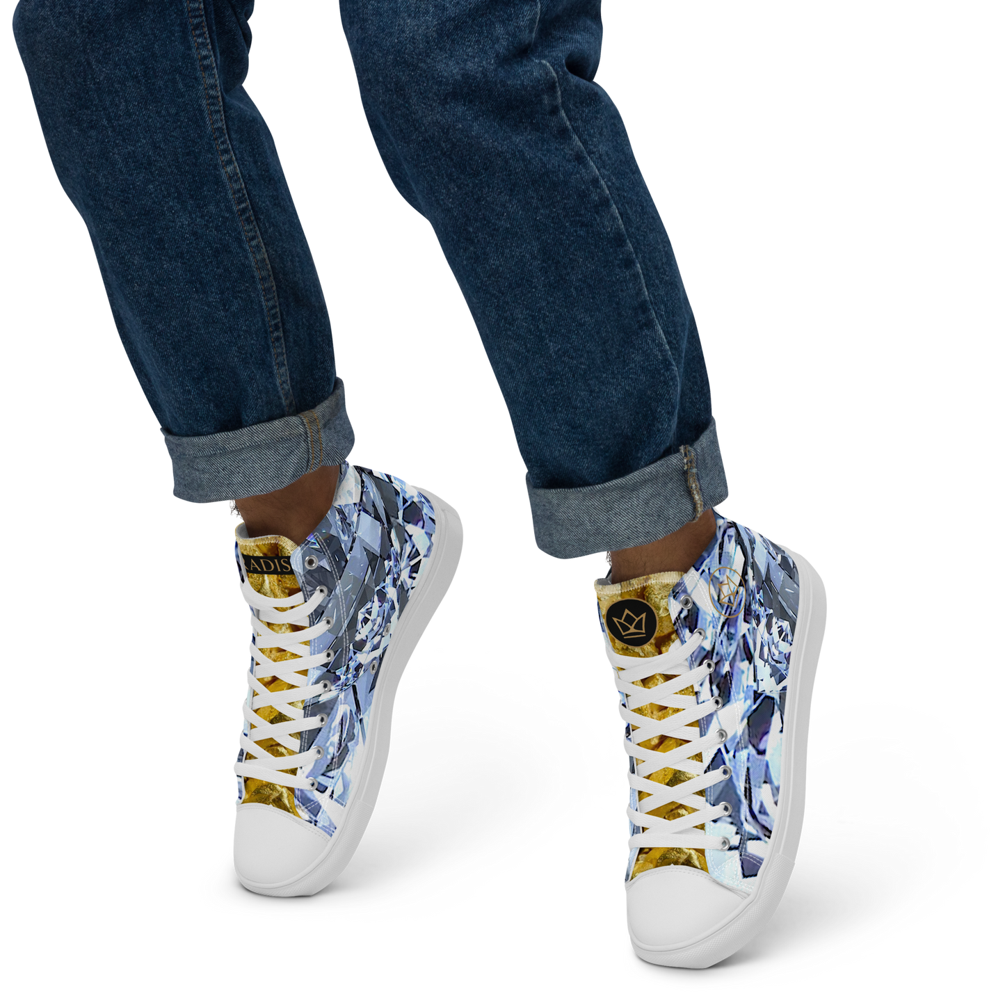 mens limited crystal diamond and gold high top canvas Sneakers with a exclusive, rare and luxury all over printed special diamond & gold color design made by absolut paradiso og, urban art streetwear fashion, phygitals an lifestyle brand. 
