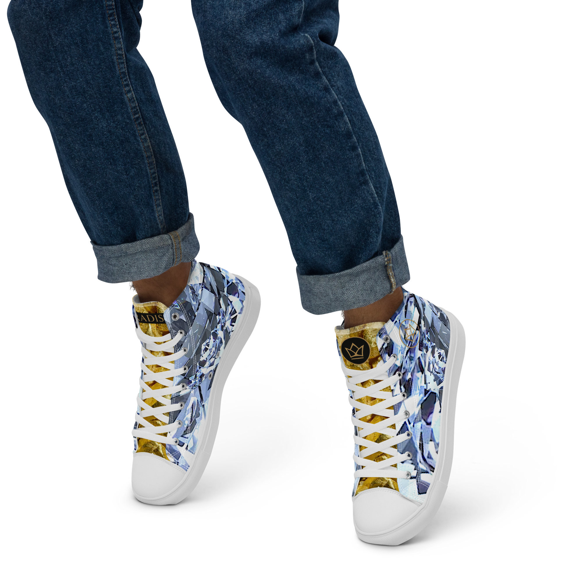 mens limited crystal diamond and gold high top canvas Sneakers with a exclusive, rare and luxury all over printed special diamond & gold color design made by absolut paradiso og, urban art streetwear fashion, phygitals an lifestyle brand. 
